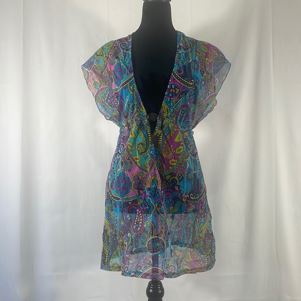 Sheer multi colored blue, hot pink,swim cover up,plunge V neck,tie in back,Small